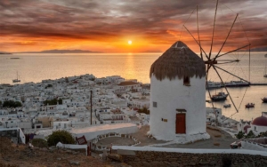 The famous windmills of Mykonos in Mykonos town