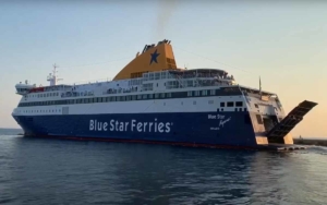 Blue Star Ferries Myconos leaves from the port.