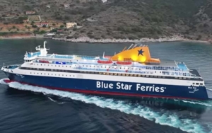 Blue Star Ferries Chios arrives at the port.