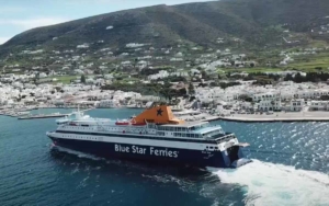 Blue Star Ferries Chios arrives in port of Paros.