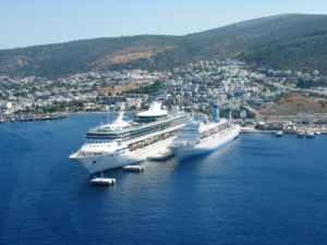 Cruise ships at Bodrum port. The port is used by ferries and cruise ships. 
