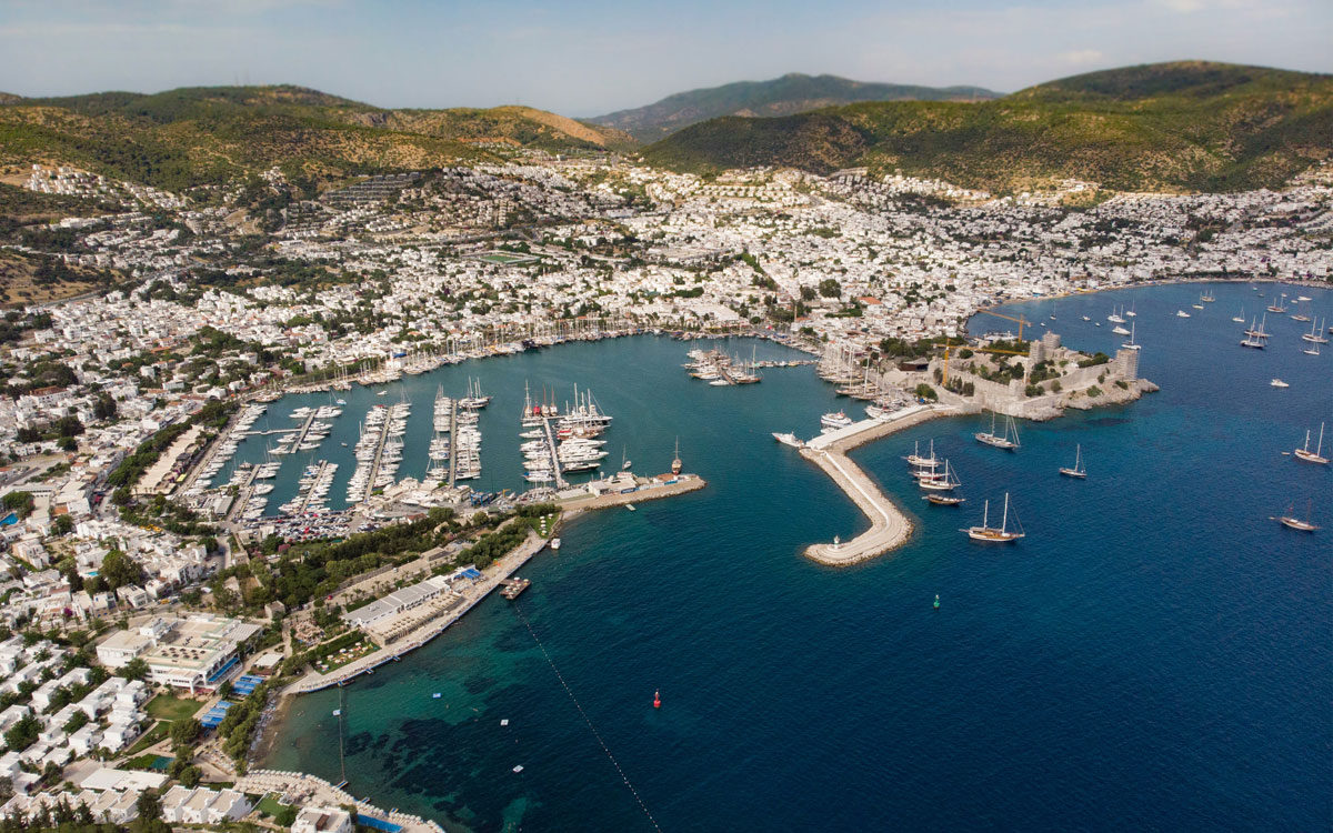 Bodrum ferry port and marina aerial photo