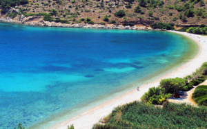 The azure waters of Elinda beach in Chios